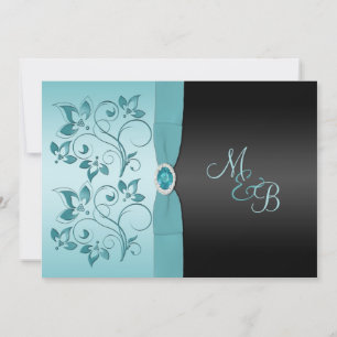 Monogram Aqua, Black Floral Weditation Einladung