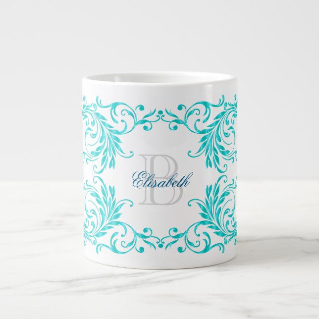 Monogram Aqua Blue Damask Jumbo-Tasse (Vorderseite)