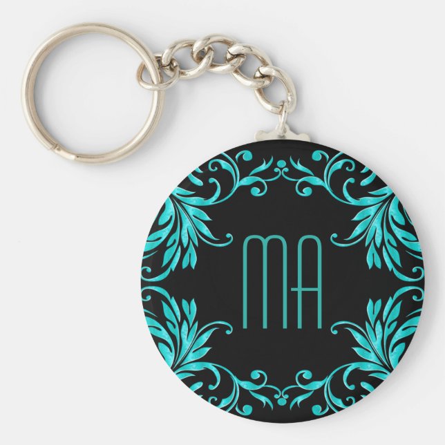 Monogram Aqua Blue Damask Schlüsselanhänger (Vorne)