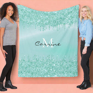 Monogram Aqua Blue Dripping Glitzer Metallischer N Fleecedecke