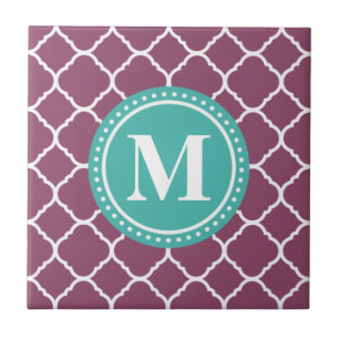 Monogram Aqua Blue Lila Quatrefolienmuster Fliese