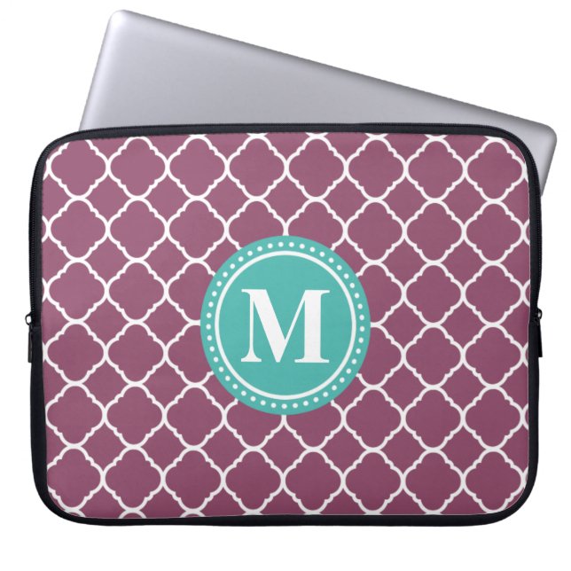 Monogram Aqua Blue Lila Quatrefolienmuster Laptopschutzhülle (Vorderseite)