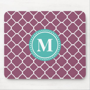 Monogram Aqua Blue Lila Quatrefolienmuster Mousepad