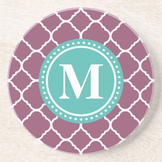 Monogram Aqua Blue Lila Quatrefolienmuster Untersetzer (Vorne)