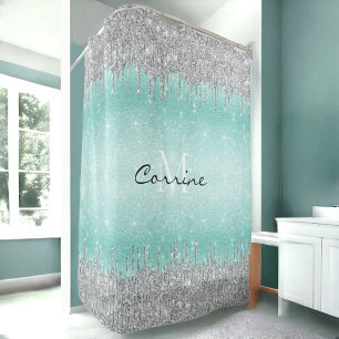 Monogram Aqua Blue Ombre Glitzer Silver Icing Trop Duschvorhang