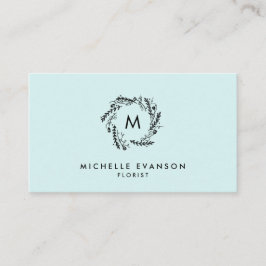 Monogram Aqua Blue und Black Floral Wreath Visitenkarte