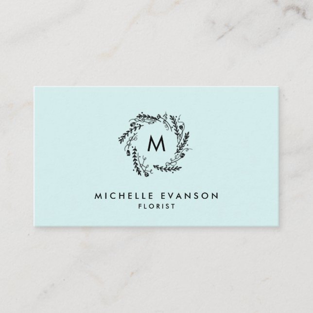 Monogram Aqua Blue und Black Floral Wreath Visitenkarte (Vorderseite)