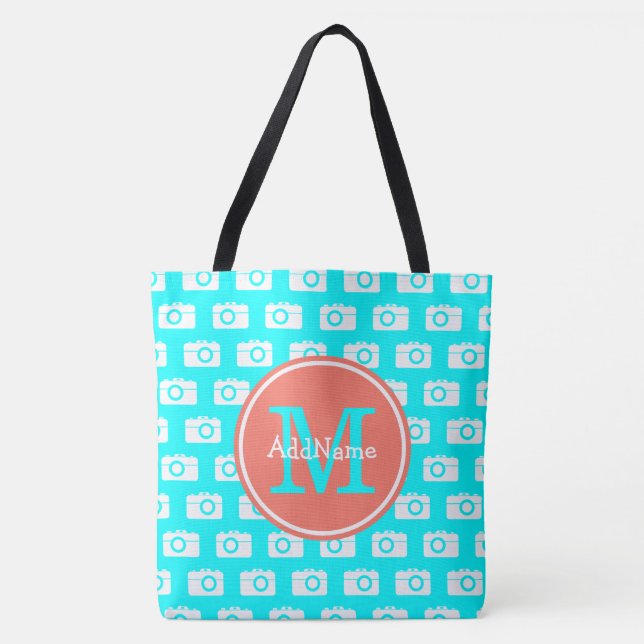 Monogram Aqua Camera Muster mit Individuelle Name (Vorderseite)