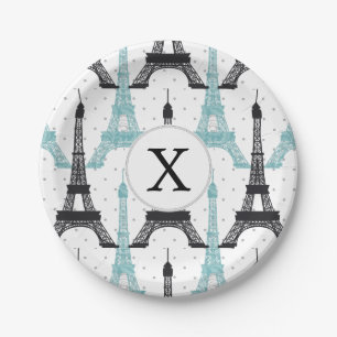 Monogram Aqua Chic Eiffel Tower Muster Pappteller
