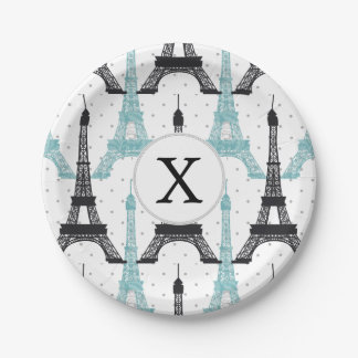 Monogram Aqua Chic Eiffel Tower Muster Pappteller