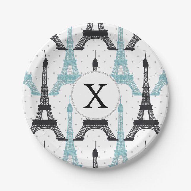 Monogram Aqua Chic Eiffel Tower Muster Pappteller (Vorderseite)