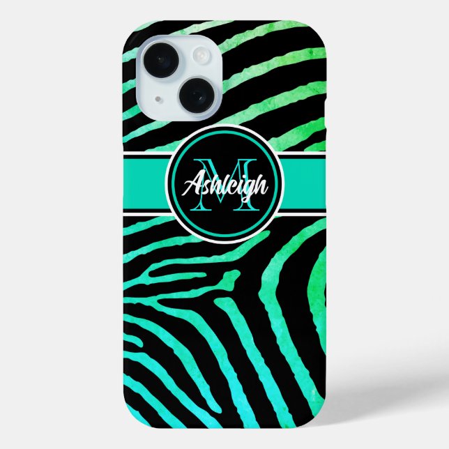Monogram Aqua Green, Black Zebra Stripes Case-Mate iPhone Hülle (Rückseite)