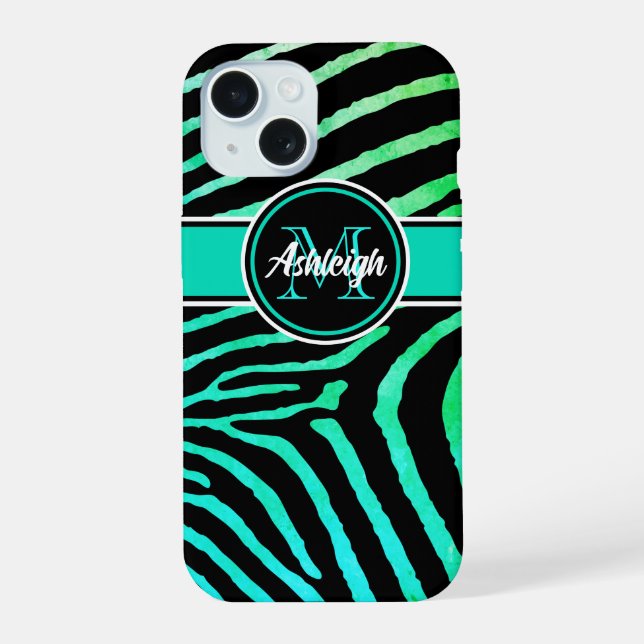 Monogram Aqua Green, Black Zebra Stripes iPhone 15 Hülle (Rückseite)