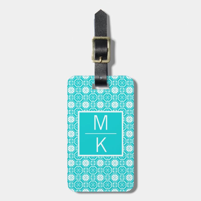 Monogram Aqua Tiled Blume Square Splitter Gepäckanhänger (Vorderseite vertikal)