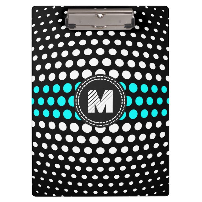 Monogram Aqua & White Polka Dots Muster Klemmbrett (Vorderseite)