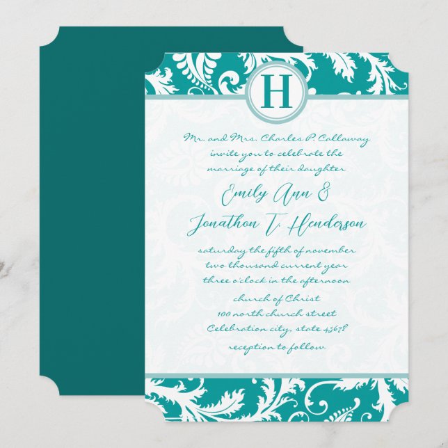 Monogram Aquamarin Aqua Vintag Damask Wedite Einla Einladung (Vorne/Hinten)