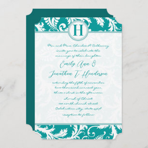 Monogram Aquamarin Aqua Vintag Damask Wedite Einla Einladung