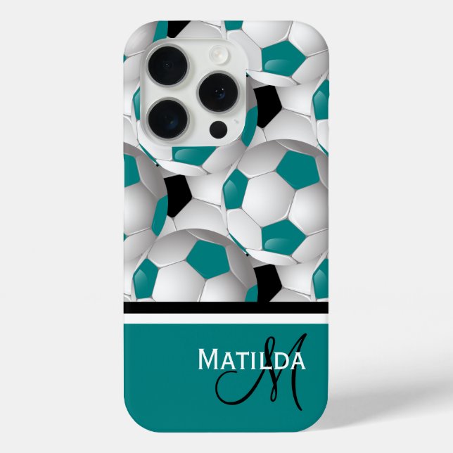 Monogram Aquamarin Black Soccer Ball Pattern Case-Mate iPhone Hülle (Rückseite)