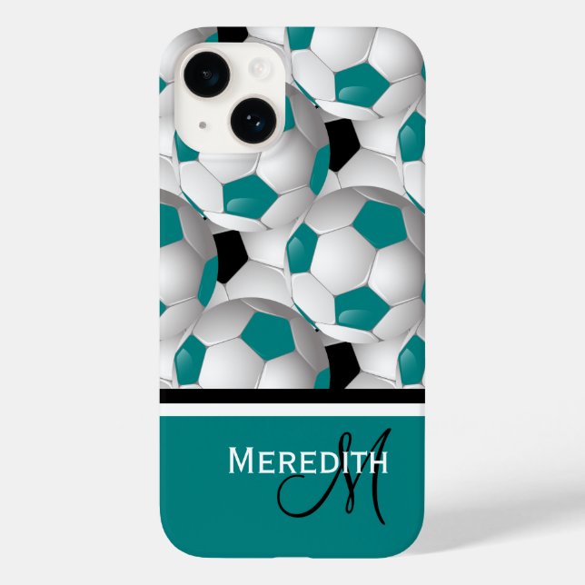 Monogram Aquamarin Black Soccer Ball Pattern Case-Mate iPhone Hülle (Rückseite)