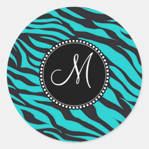 Monogram Aquamarin Black Zebra Print Wild Animal S Runder Aufkleber