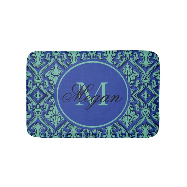 Monogram Aquamarin Blue Damask Embosstil Badematte (Vorderseite)