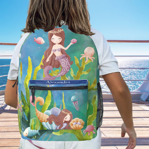 Monogram Aquamarin Blue Mermaid Dolphin Sea Theme Bedruckter Rucksack