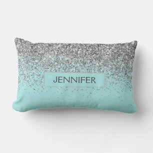Monogram Aquamarin Blue Silver Glam Glitzer Name Lendenkissen