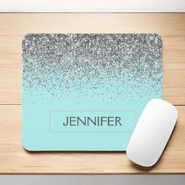 Monogram Aquamarin Blue Silver Glam Glitzer Name Mousepad