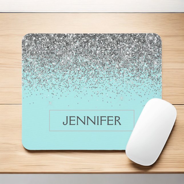 Monogram Aquamarin Blue Silver Glam Glitzer Name Mousepad (Von Creator hochgeladen)