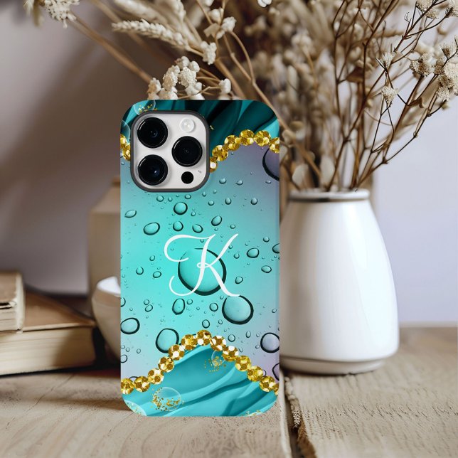 Monogram Aquamarin Foil Gold Trim Fantasy Raindrop Case-Mate iPhone Hülle (Von Creator hochgeladen)