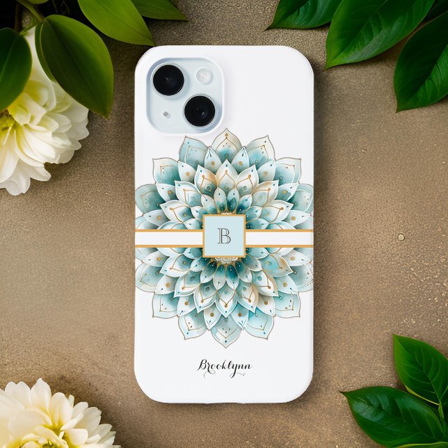 Monogram Aquamarin Gold Blume Mandala Case-Mate iPhone Hülle (Von Creator hochgeladen)