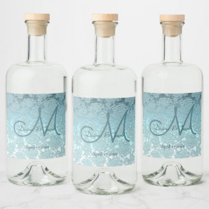 Monogram Aquamarin Green Elegant Wedding Empfang Alkoholflaschenetikett