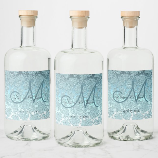 Monogram Aquamarin Green Elegant Wedding Empfang Alkoholflaschenetikett (Flaschen)