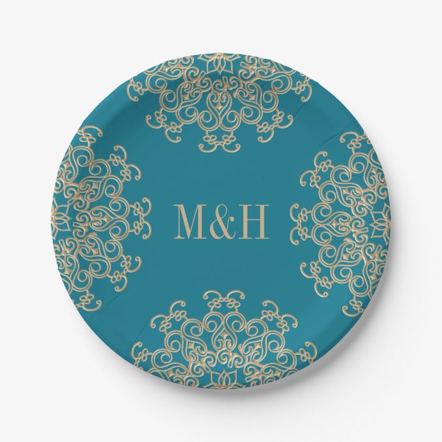 Monogram Aquamarine and Gold Indian Style Wedding Pappteller (Vorderseite)