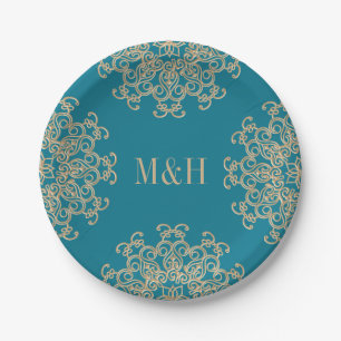Monogram Aquamarine und Gold Indian Style Wedding Pappteller