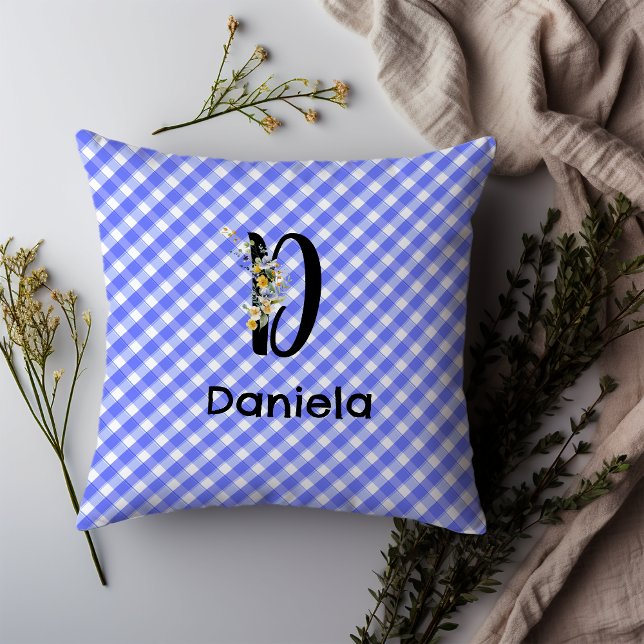 Monogram Aquarell Blume Gingham Kissen (Von Creator hochgeladen)
