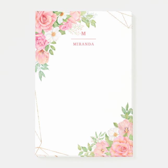 Monogram Aquarell Blumengrün Pink Geometric Post-it Klebezettel (Vorderseite)