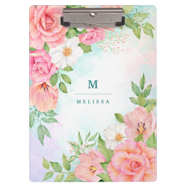 Monogram Aquarell Blumengrün Rosa Rose Klemmbrett (Vorderseite)