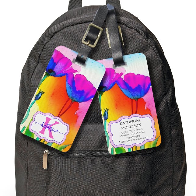 Monogram Aquarell Floral Custom Pink Poppies Gepäckanhänger (Custom Monogam Floral Luggage Tags with Initial, Name, Contact Info, and Bright Poppies.)