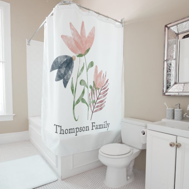 Monogram Aquarell floral Pink White Blue Duschvorhang (Beispiel)