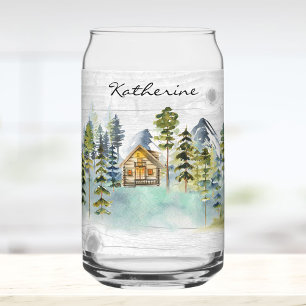 Monogram-Aquarell-Rustikale Wald-Berghütte Dosenglas