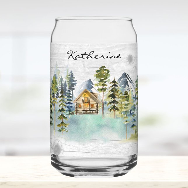 Monogram-Aquarell-Rustikale Wald-Berghütte Dosenglas (In situ)