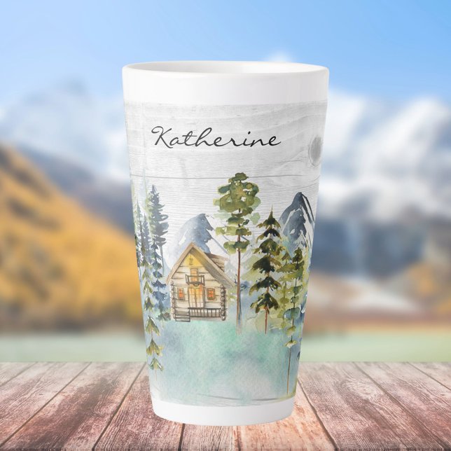 Monogram-Aquarell-Rustikale-Wald-Berghütte Milchtasse (In situ)