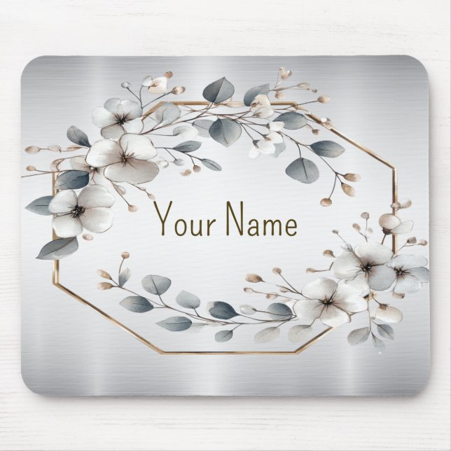 Monogram Aquarell Weiße Blume Goldenes Silber Mousepad (Vorne)