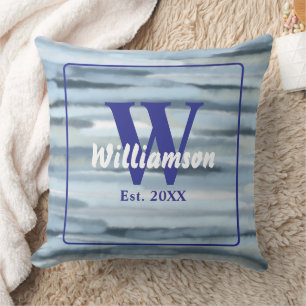 Monogram Aquarellblau-graue Streifen nautisch Kissen