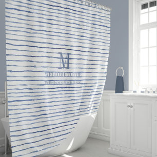 Monogram, Aquarellfarbe Blau Weißer Strand Dekor Duschvorhang