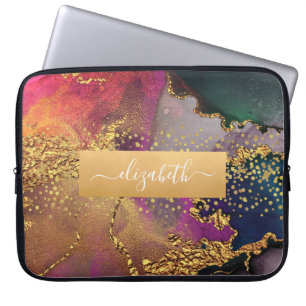 Monogram Aquarellmarmor Gold lila blau grün Laptopschutzhülle