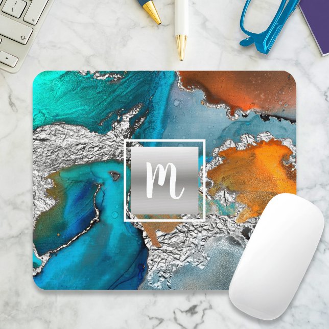 Monogram Aquarellmarmor silber türkis orange Mousepad (Von Creator hochgeladen)