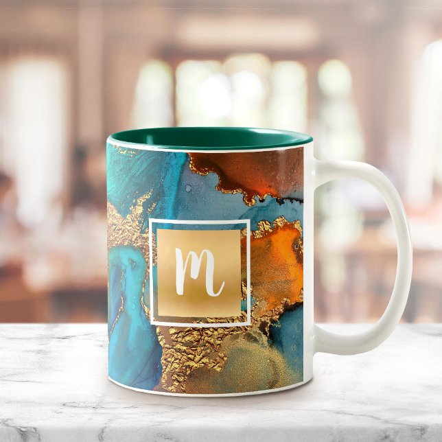 Monogram Aquarellmarmor, türkisfarben Zweifarbige Tasse (Von Creator hochgeladen)