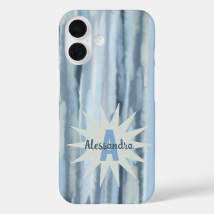 Monogram Aquarellpastellstreifen blau-grau iPhone 16 Hülle